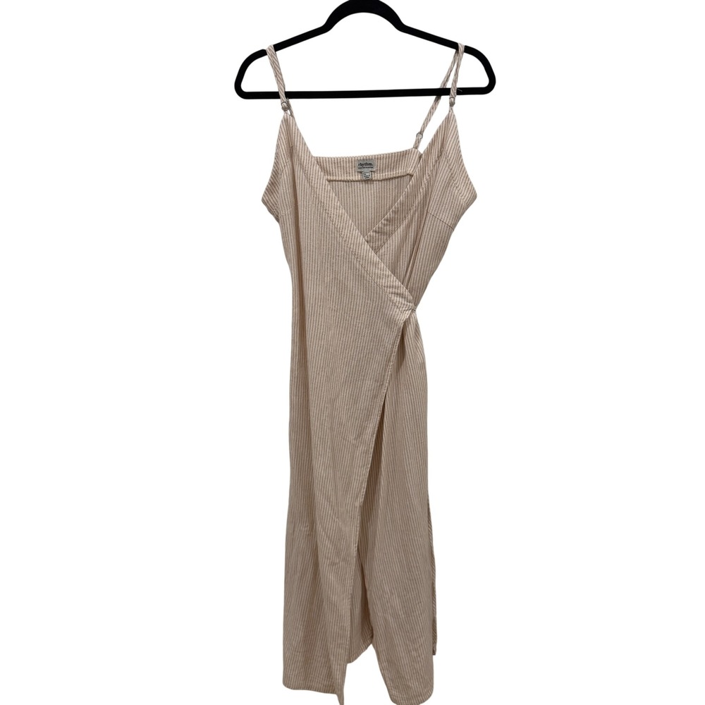 Rhythm Womens Tan Striped Cotton Wrap Midi Dress Adjustable Straps Size L